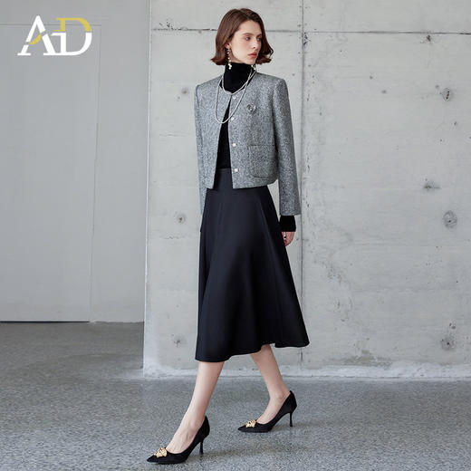 AD时尚套装女2024秋冬圆领小香风外套亮丝编织粗花呢长袖高端伞裙 商品图1