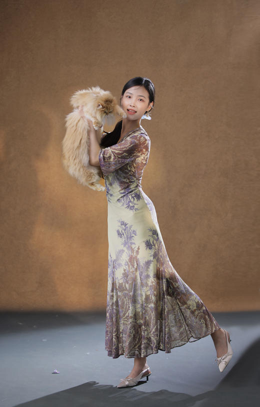 逸红颜毓清2025早秋新款冰感弹力网纱定位花抽褶插片鱼尾连衣裙女 商品图2