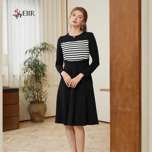 司歌弹力拼条纹收腰长袖连衣裙秋冬A921039X 商品图0