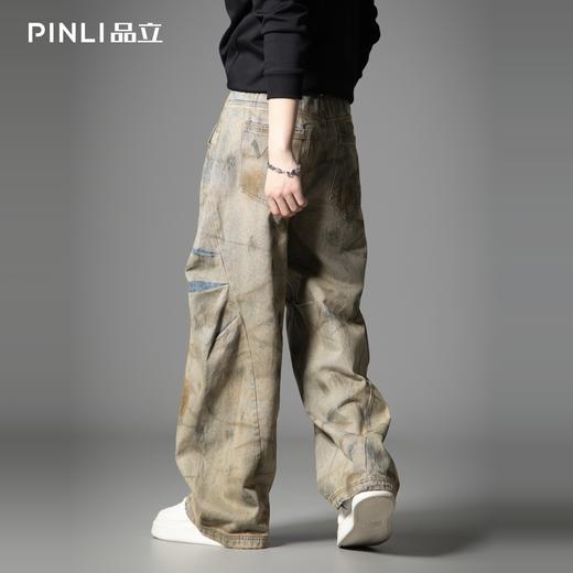 PINLI品立2025秋季新款涂鸦印花嘻哈街头宽松直筒休闲牛仔长裤男GD253116145 商品图2