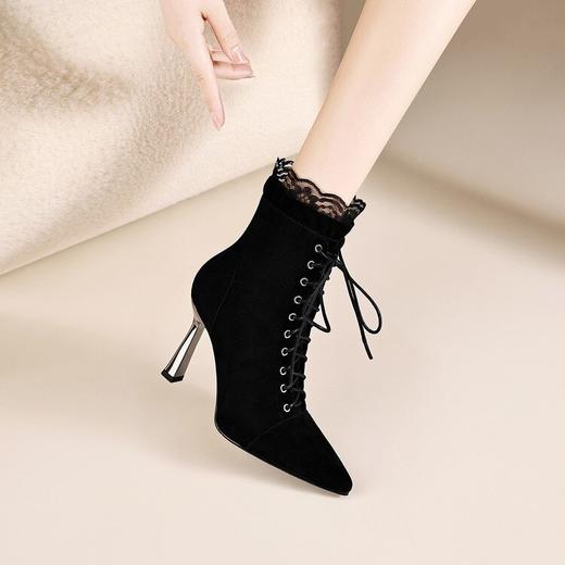 【预售5天】秋冬季尖头高跟短靴女真皮时尚蕾丝边细跟马丁靴女靴HFE&F63-1 商品图3