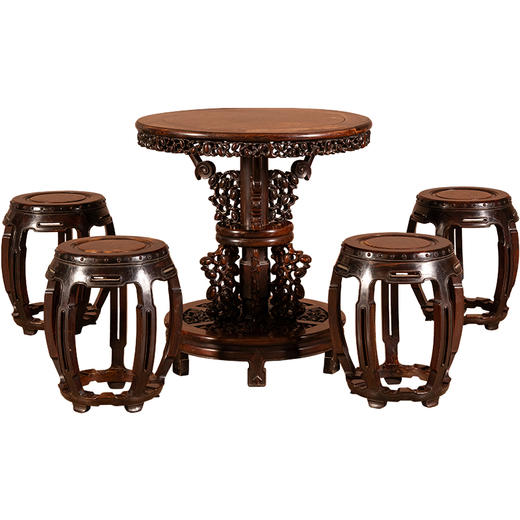 清	红木镶瘿木宝石花百灵台及鼓凳成套（一桌四凳） 商品图5