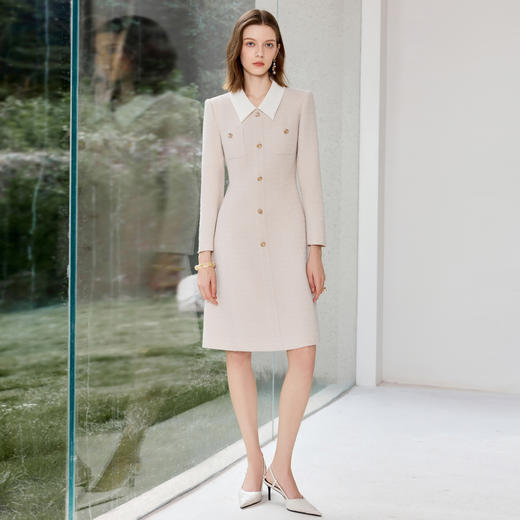 IWY/气质小香风连衣裙女秋冬长袖正式场合米色套裙工作服J25Q227 商品图3