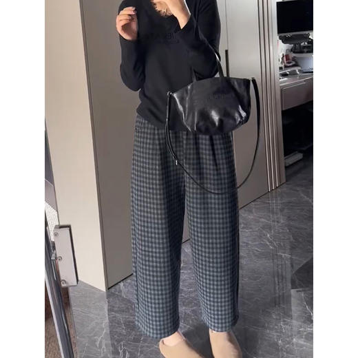 黑灰毛呢格纹九分裤！2025女简约秋冬加绒松紧腰复古休闲显瘦格子裤！ 商品图3