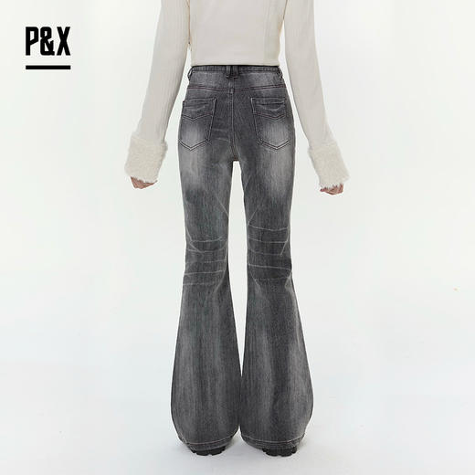 P&X设计师女装2025冬季修身紧身微喇叭裤牛仔长裤825410169 灰黑 商品图4
