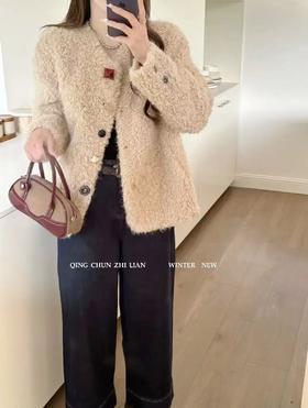 皮毛一体！！爆款彩色粽子扣852小香风30%毛女秋冬季皮毛一体加厚保暖外套-喜出