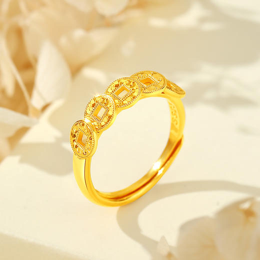 Winy S925 银镀金光面铜钱活口戒指 金缠币影复古小众设计招财吉祥食指戒 商品图0