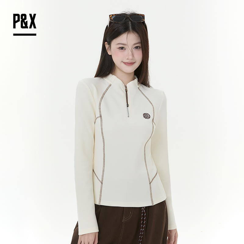 P&X设计师女装2025冬季立领学院风纯色健身短款T恤825402099 杏色