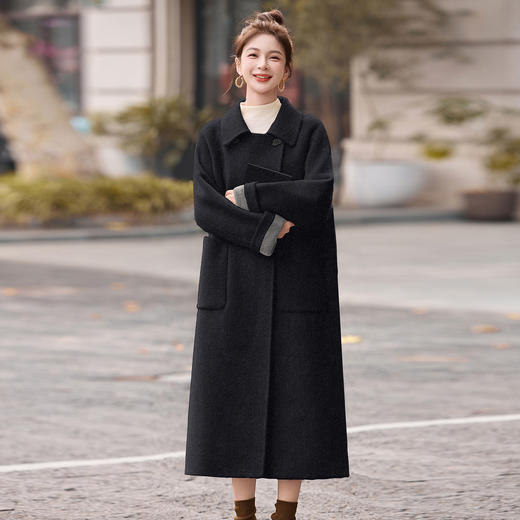 气质长款过膝双面呢羊毛大衣，赫本风西装领毛呢外套HR-MDN6801 商品图2