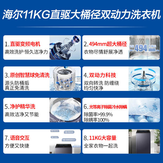 海尔11公斤全自动波轮洗衣机家用大容量直驱变频一级能效智慧球免清洗494mm大筒径 双动力+精华洗+光等离子除菌XQS110-MBDEV77A7 商品图1