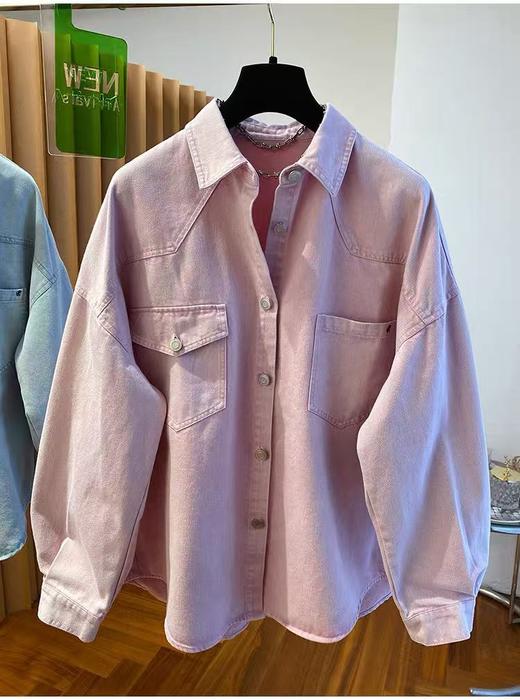 12.12错过没有！清货不退最后样衣 今年流行！！113高级感粉色牛仔衬衫女秋季宽松大版显瘦百搭时髦衬衣外套-喜出 商品图0