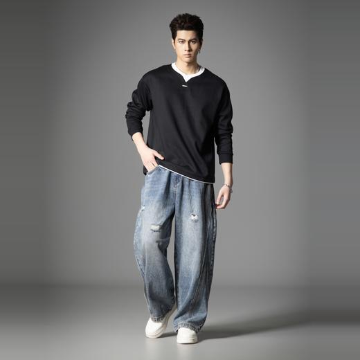 PINLI品立新款水洗宽松直筒牛仔裤潮男美式复古破洞长裤GD253116140 商品图4