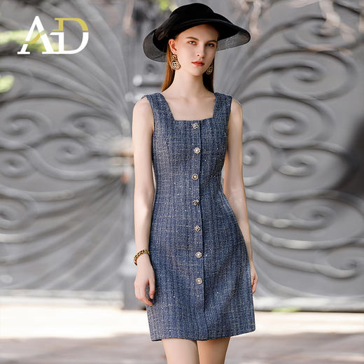 AD金扣无袖气质小香风粗花呢连衣裙2023秋季新款名媛千金风背心裙 商品图2