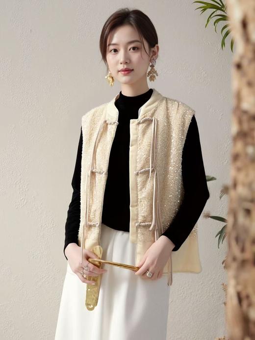 重工亮片马甲！！2875金丝绒新中式盘扣亮片马甲-喜出 商品图1