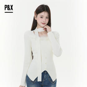 P&X设计师女装2025冬季长袖方领修身针织短款毛衣825418198 杏色