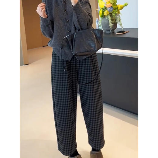 黑灰毛呢格纹九分裤！2025女简约秋冬加绒松紧腰复古休闲显瘦格子裤！ 商品图1