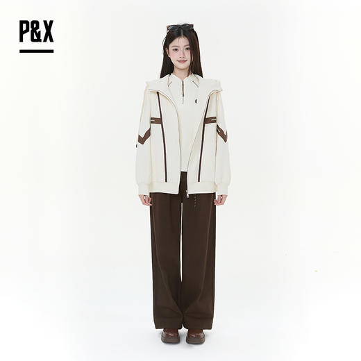 P&X设计师女装2025冬季极简风拼接连帽梭织外套825413248 杏色 商品图1