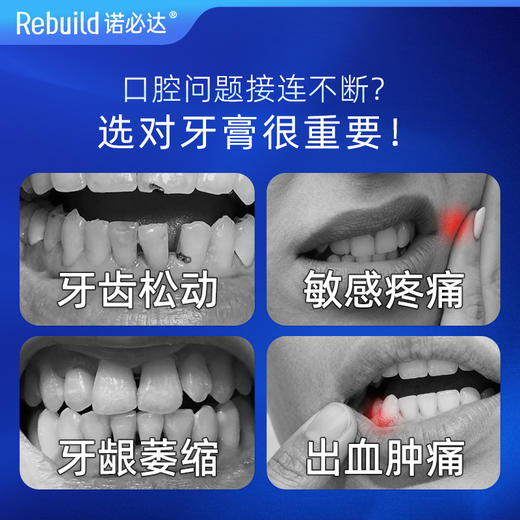 【购5支送总价值119元50g1支免费试用+万毛牙刷2支】诺必达Rebuild护龈固齿牙膏 牙齿松动、敏感疼痛、牙龈出血肿痛、牙龈炎、口腔溃疡、牙黄牙黑及种植牙、假牙者推荐使用 商品图1