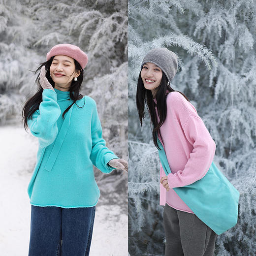绽放631朵/绵羊毛圆领落肩含系带套头毛针织衫冬新款慵懒感毛衣女 商品图0