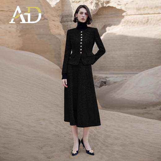 AD端庄大气西装套裙2024秋冬高级感小香风两件套黑色粗花呢短外套 商品图3