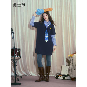 两三事浮光叙梦2025冬季新款印花领带毛巾绣格子拼接假两件连衣裙