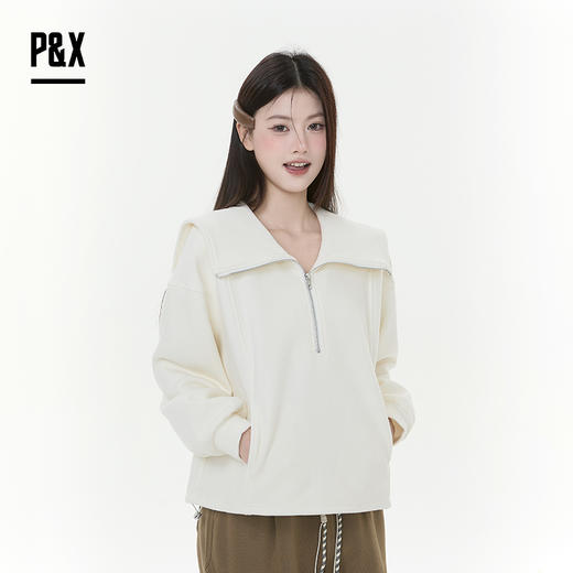 P&X设计师女装2025冬季加绒简约海军领短款卫衣825417154 杏色 商品图2