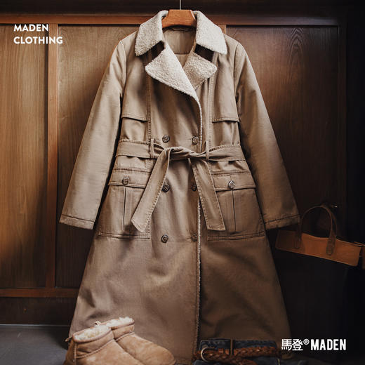 马登中长款双排扣收腰战壕风衣仿羊羔毛大衣棉服加厚外套女士秋冬 商品图0