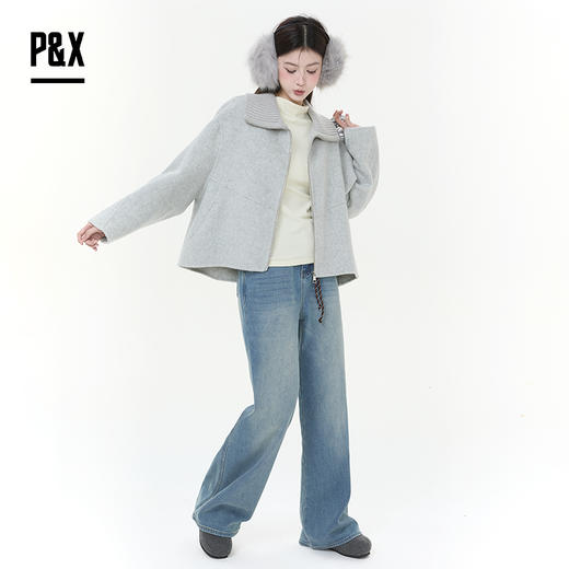 P&X设计师女装2025冬季百搭休闲双面呢短款大衣825421117 浅灰 商品图3