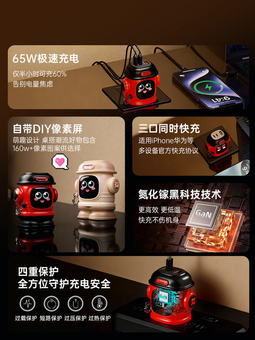 Divoom 电墩墩65W多口快速充电器 红色 像素屏充电头手机充电器快充65W氮化镓适用苹果17三合一桌面充电站PD 商品图3