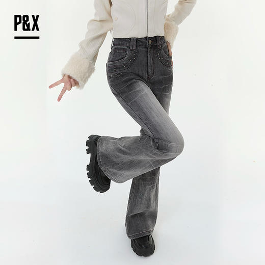 P&X设计师女装2025冬季修身紧身微喇叭裤牛仔长裤825410169 灰黑 商品图3