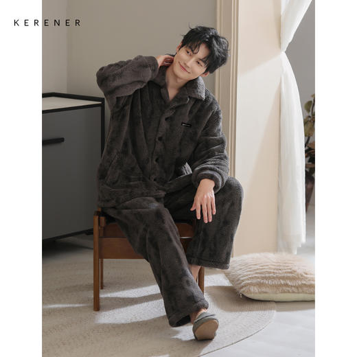 可人儿冬季男士保暖舒棉绒睡衣秋冬休闲翻领男款加厚珊瑚绒家居服 商品图2