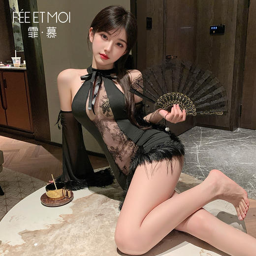 霏慕 酥骨缠绵挂脖毛边连衣裙ZY96 商品图4