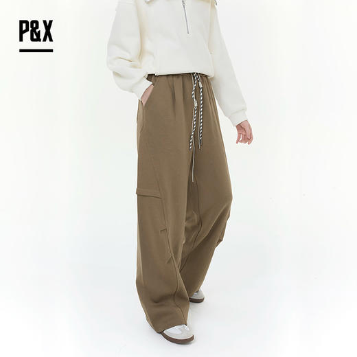 P&X设计师女装2025冬季阔腿潮流抽绳复古休闲长裤825409169 绿色 商品图2