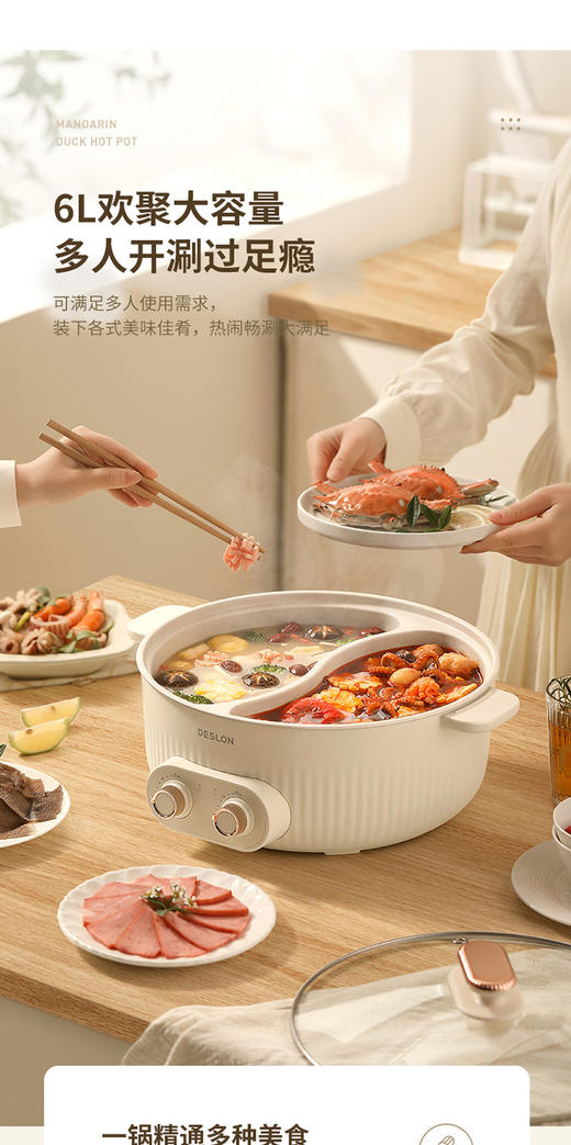 🔥谁懂啊！自从买了这个【德世朗电火锅（多用锅）DDQ-HG118】，👏我家直接变成朋友聚会根据地！✅再也不用纠结 “吃辣还是清汤”，😍6L 大容量 + 双格独立控温，聚餐氛围感直接拉满～ 商品图2