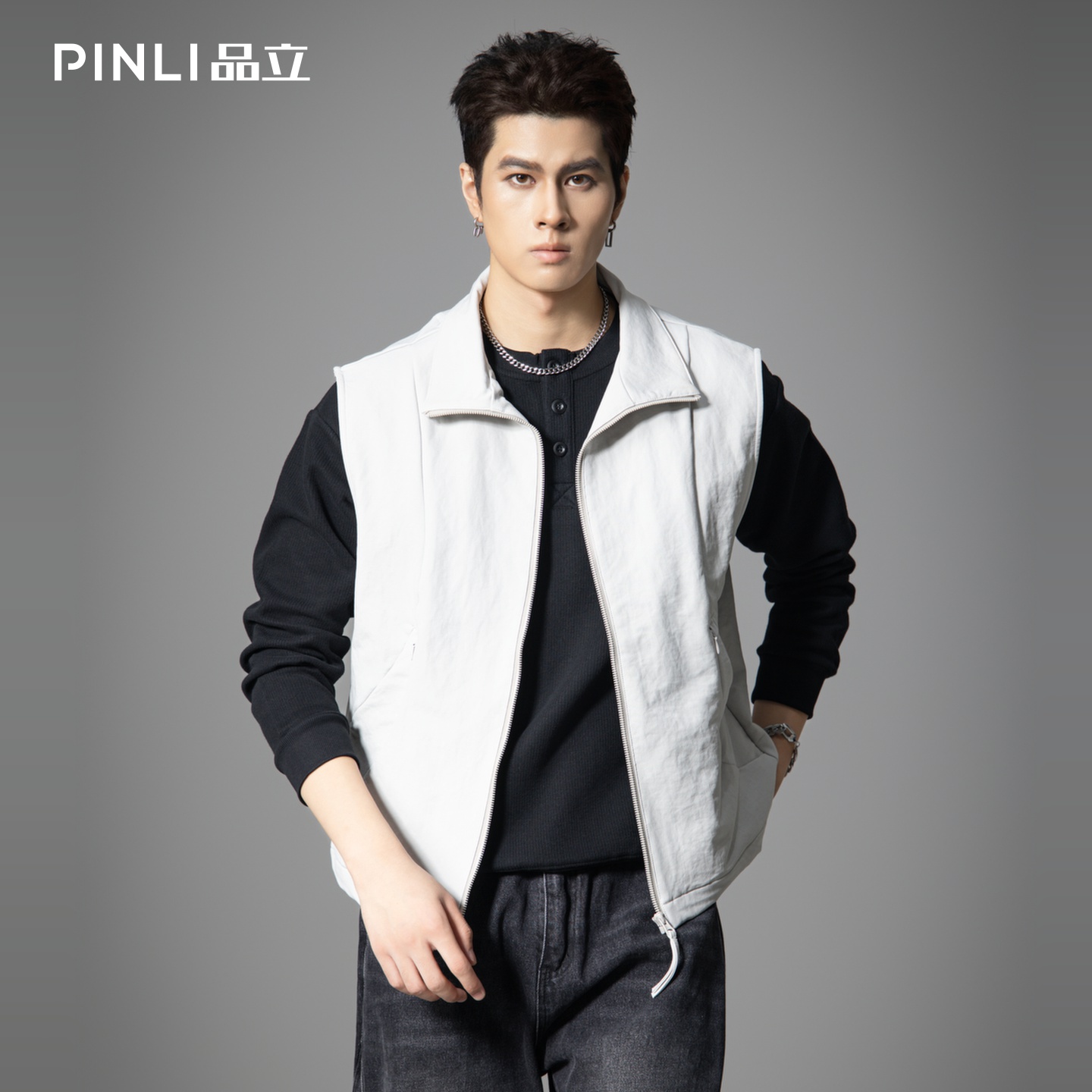 PINLI品立春季新款潮牌工装立领马甲男宽松休闲百搭背心外套GD253107152