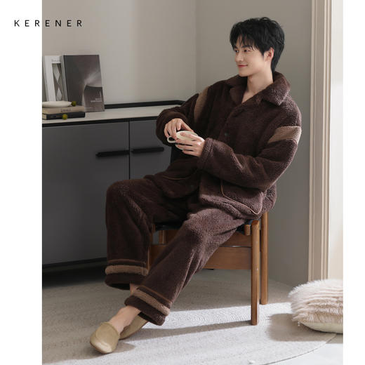 可人儿冬季男士保暖舒棉绒睡衣秋冬休闲翻领男款加厚珊瑚绒家居服 商品图0