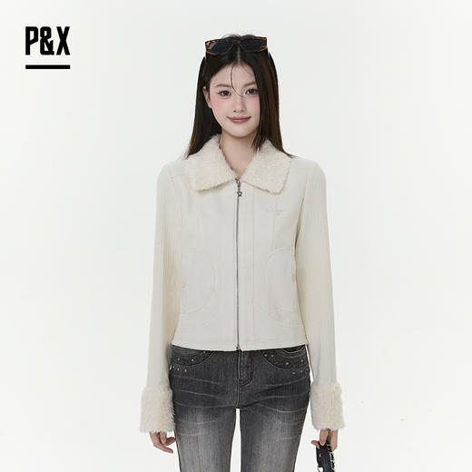 P&X设计师女装2025冬季时尚拉链长袖梭织短款外套825413243 杏色 商品图0
