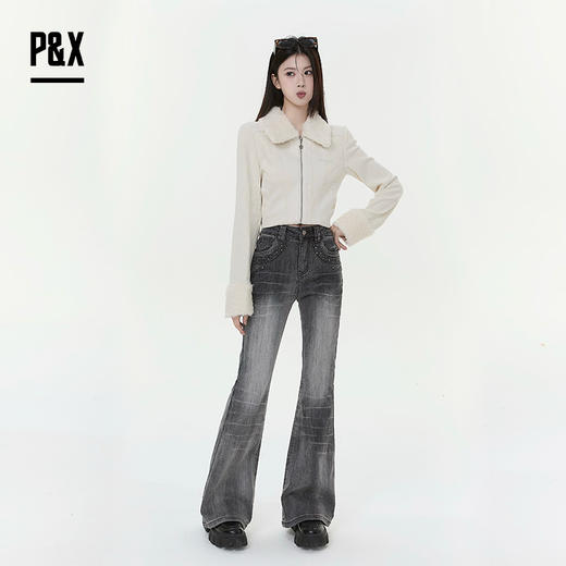 P&X设计师女装2025冬季修身紧身微喇叭裤牛仔长裤825410169 灰黑 商品图1