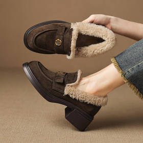 【预售5天】时尚百搭深口单鞋女加绒加厚圆头中跟粗跟真皮磨砂皮乐福鞋女ASZ&KL777R