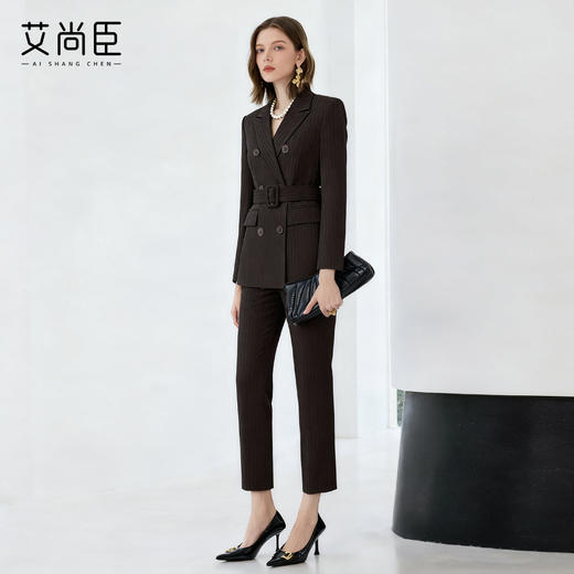 艾尚臣复古棕色西装套装女秋冬高级感通勤条纹职业装管理层工作服 商品图3