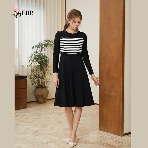 司歌弹力拼条纹收腰长袖连衣裙秋冬A921039X 商品图4