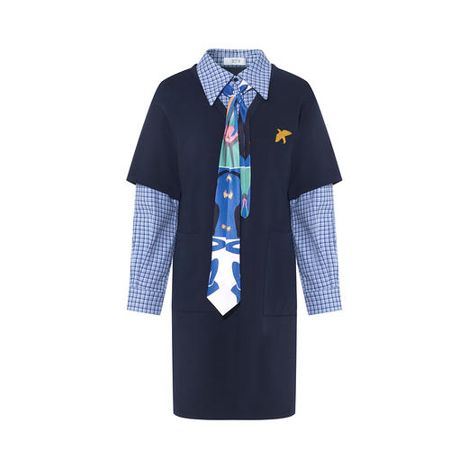 两三事浮光叙梦2025冬季新款印花领带毛巾绣格子拼接假两件连衣裙 商品图4