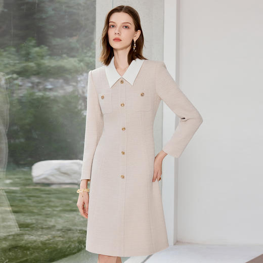 IWY/气质小香风连衣裙女秋冬长袖正式场合米色套裙工作服J25Q227 商品图0