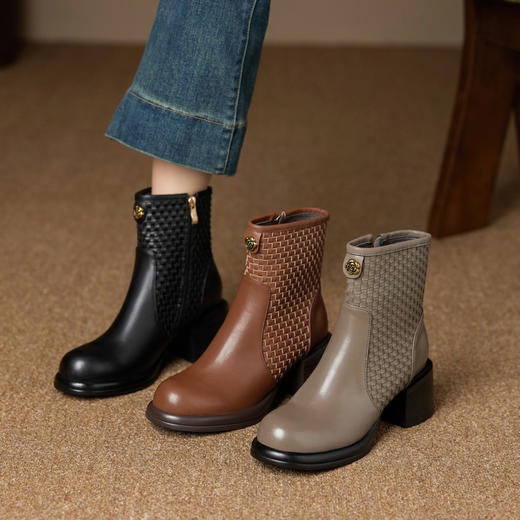 【预售5天】6cm圆头粗跟短靴女新款百搭高跟鞋编织时装切尔西靴MLD&AC1795 商品图2