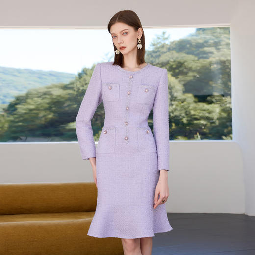 IWY/高级感紫色显白连衣裙女气质圆领粗花呢上镜主持套裙工作服Q1465-Q 商品图1