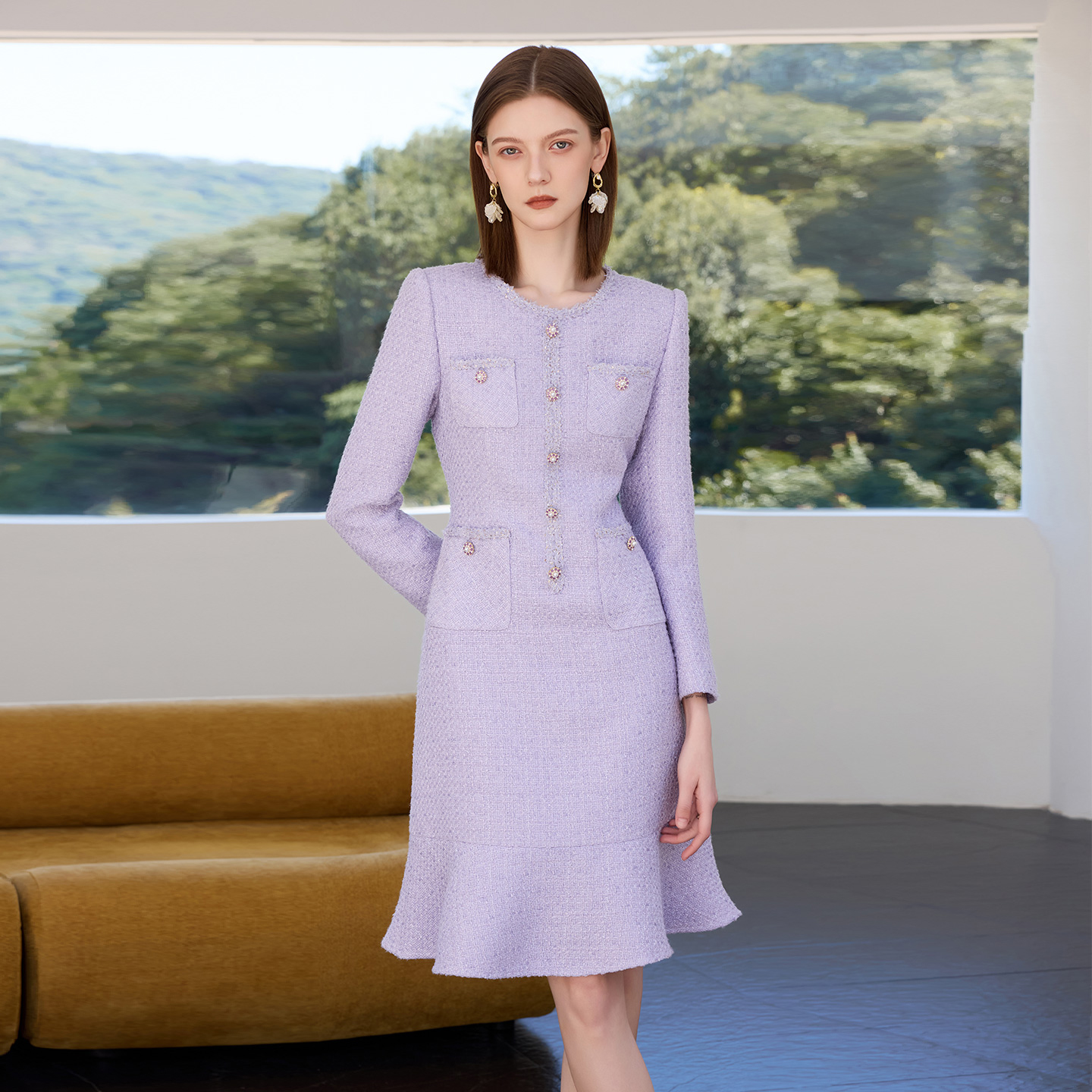 IWY/高级感紫色显白连衣裙女气质圆领粗花呢上镜主持套裙工作服Q1465-Q