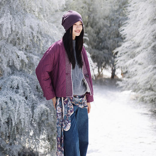 绽放736朵/紫葫芦棉服·葫芦形绗棉毛织拼接v领短棉衣新款厚外套 商品图3