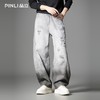 PINLI品立2025秋季新款男士宽松美式高街破洞直筒休闲牛仔长裤潮GD253116139 商品缩略图0