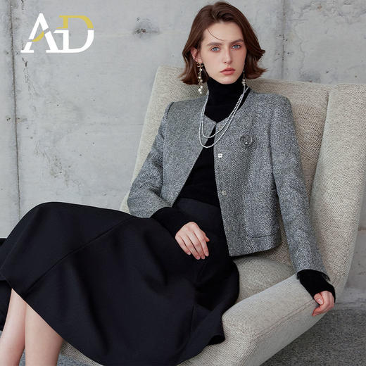 AD时尚套装女2024秋冬圆领小香风外套亮丝编织粗花呢长袖高端伞裙 商品图2