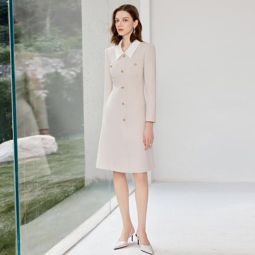 IWY/气质小香风连衣裙女秋冬长袖正式场合米色套裙工作服J25Q227 商品图1